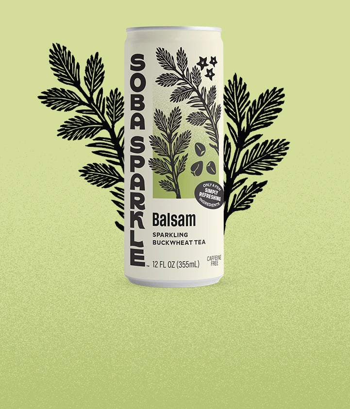 Sparklebuck Balsam sparkling buckwheat tea can on a light green background with decorative leaves.