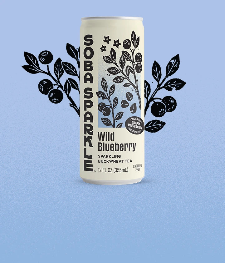 Sparklebuck Wild Blueberry sparkling buckwheat tea can on a light blue background