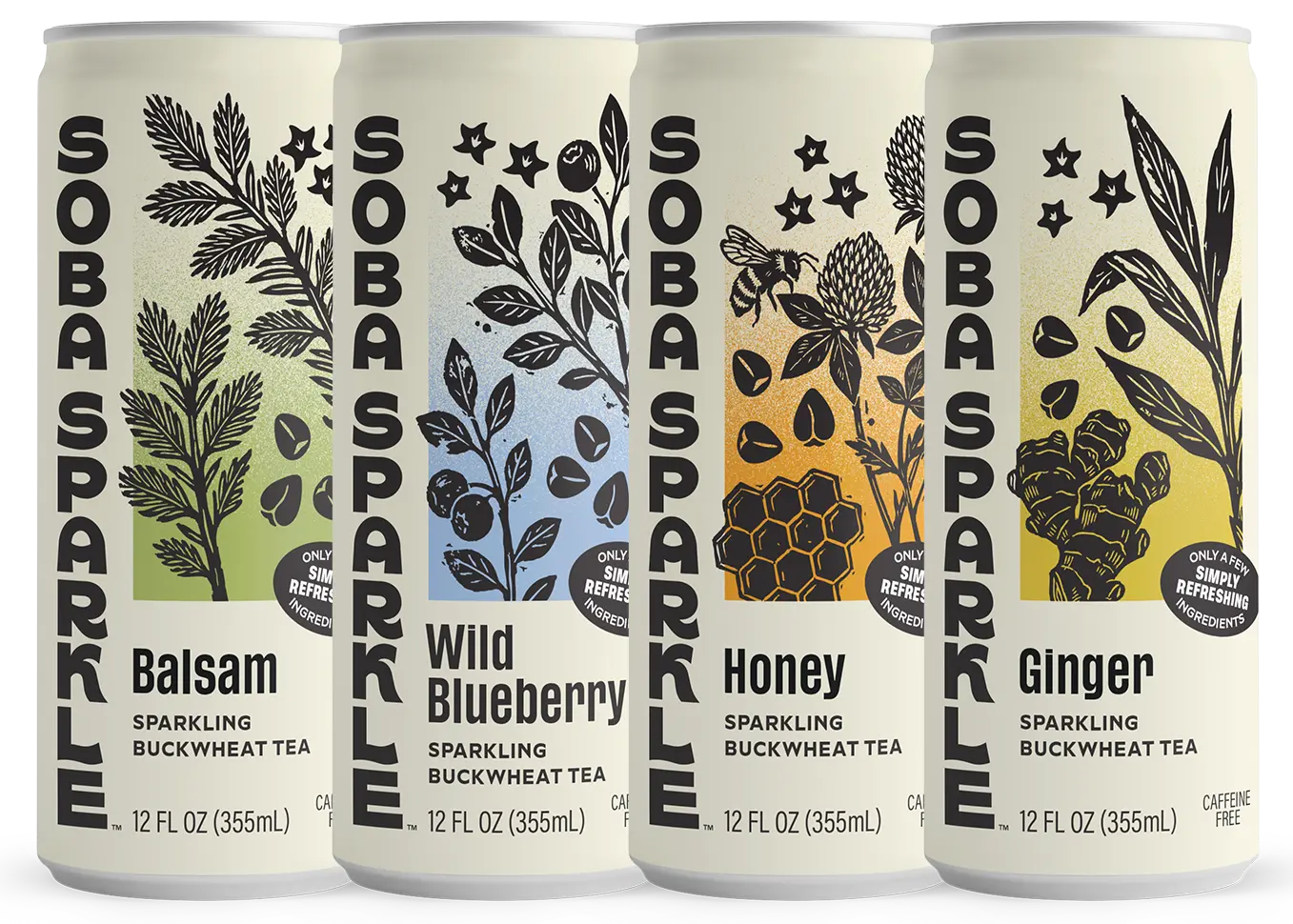 Four cans of Sparklebuck sparkling buckwheat tea with different flavors on a white background.